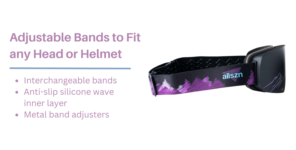 ALL SZN goggles offer adjustable bands that are interchangeable and include anti slip silicone waves