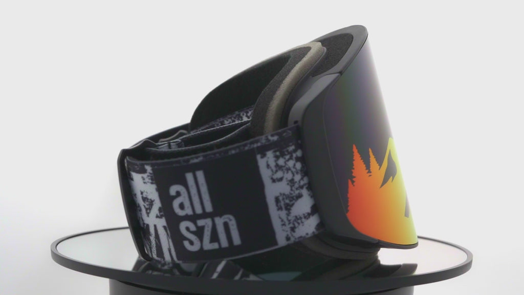 The Blink 180 snow goggles feature a red & orange mountain scape design on a black lens.